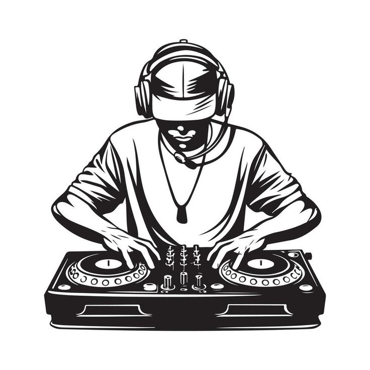 a dj playing music with headphones on top of a turntable illustration in black and white