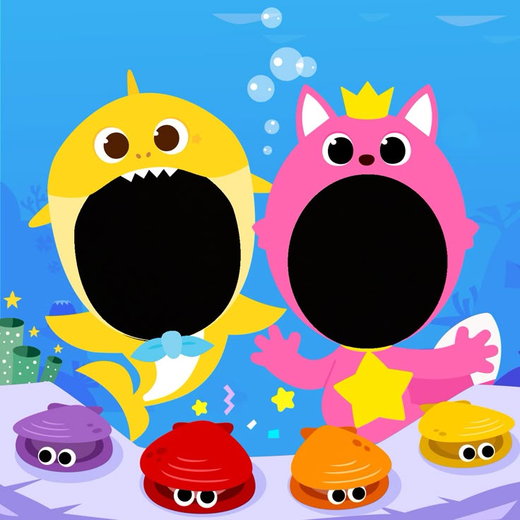 an image of two cartoon fish with their mouths open in front of the camera, and another one has its mouth open