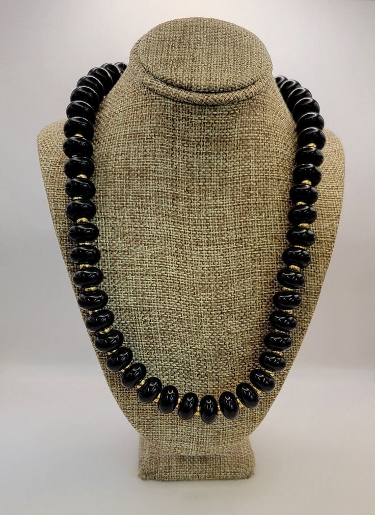 NAPIER Vintage Black Plastic Beaded Necklace - Lovely Versatile Necklace with Black and Gold Tone Beads - Gift for Mom - Work Jewelry-K#1149 - Black plastic and gold tone costume metal beads - 24 inch necklace  - 1/2" width of black beads - Signed on rear of clasp - Clean and in good condition Traditional Black Jewelry With Oval Beads, Traditional Black Necklace With Oval Beads, Black Oval Beaded Necklaces, Black Beaded Jewelry With Oval Beads, Black Necklace With Oval Spacer Beads, Traditional Black Beaded Necklaces With Spacer Beads, Handmade Black Oval Beads Jewelry, Handmade Black Oval Beaded Necklaces, Handmade Black Beaded Necklace With Oval Beads