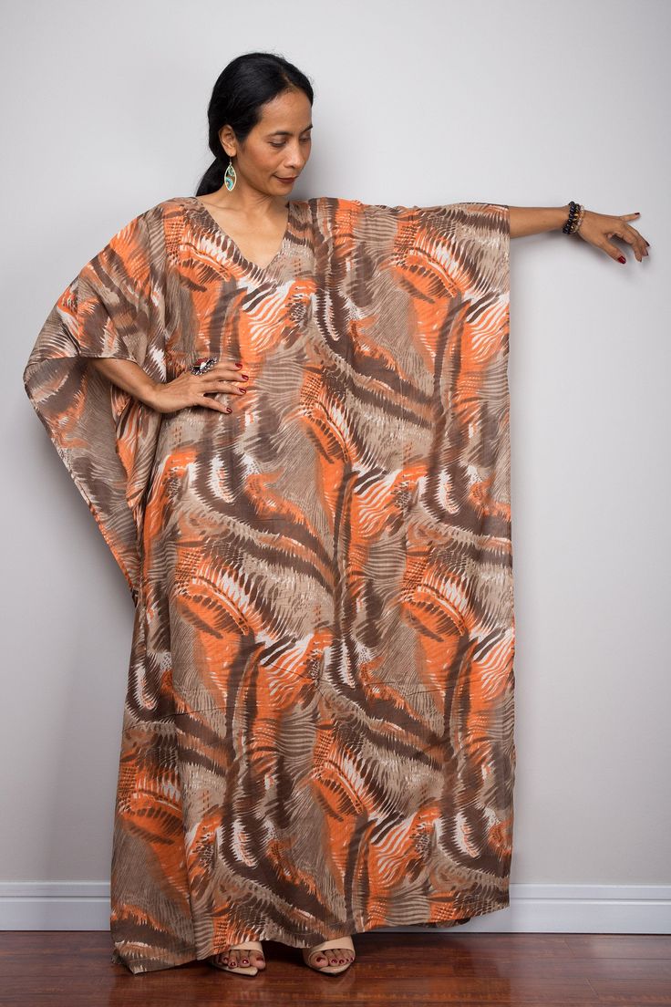 "Beach Kaftan Maxi Dress by Nuichan. Free upgrade express shipping worldwide! DRESS SIZE : Will work for US Small (size 6) up to 2XL ( size 20) * Chest : up to 46\" * Sleeve length : 16\" * Waist : up to 46\" * Hips : up to 46\" * Length : 54\" from shoulder to hem * Model chest : 32\", waist : 24\" hips : 35\" * Combined Height is 5\"6 > I'm 160 cm (5\"2) and I'm wearing 4\" heels in the pictures Summer Kaftan Cotton Maxi Dress, Loose fit holiday resort dress , Handmade women's beach cover u Brown Long Maxi Dress For Beach Cover-up, Casual Brown Maxi Dress Beach Cover-up, Casual Brown Maxi Dress For Beach Cover-up, Casual Brown Maxi Dress For Beach, Brown Printed Maxi Dress For Summer, Casual Orange Maxi Beach Dress, Flowy Brown Maxi Dress For Beach, Flowy Brown Maxi Dress For The Beach, Brown Flowy Maxi Dress For Beach