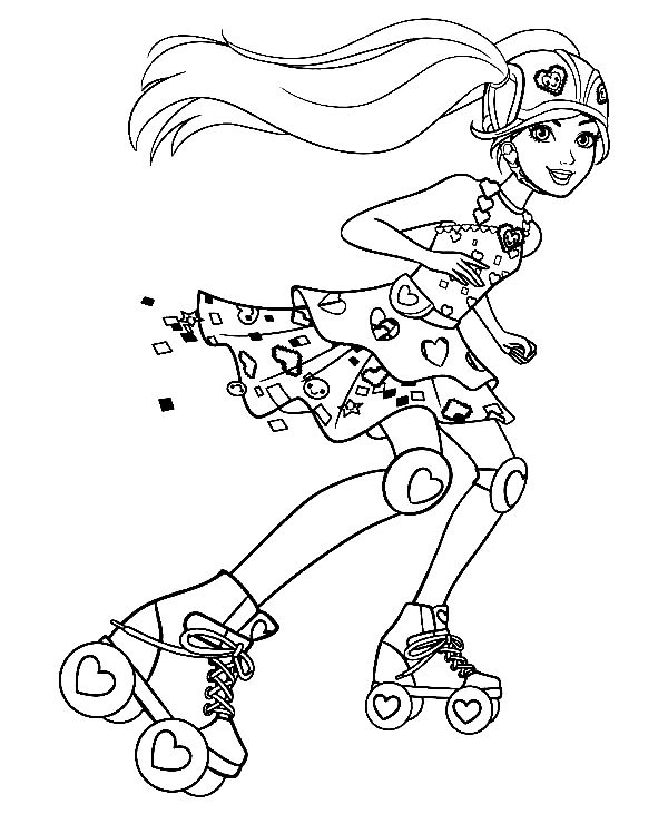 a girl skateboarding with her hair blowing in the wind coloring pages for kids, printable