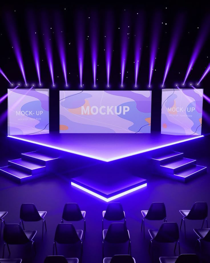 an empty stage set up for a mockup event with chairs in front of it