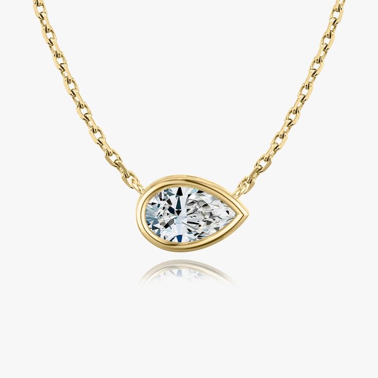 The Bezel Solitaire Necklace combines vintage-inspired detail and modern appeal together for a look that’s timelessly elegant. Solitaire Necklace, Solitaire Necklaces, Pear Cut, Necklace Designs, Diamond Shapes, Solid Gold, Diamond Necklace, Pear, Vintage Inspired