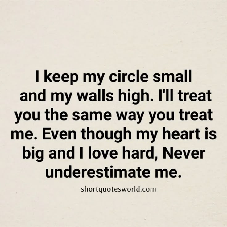 i keep my circle small and my walls high it'll treat you the same way you treat me even though my heart is big and i love hard, never underestmate me