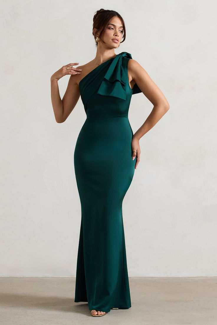 Lady | Bottle Green Satin One Shoulder Maxi Dress With Bow Emerald Green Bridesmaid Dresses, Fishtail Maxi Dress, One Shoulder Maxi Dress, Black Dress Prom, Dresses Green, Black Tie Gala, Green Bridesmaid, Party Dress Long Sleeve, Green Bridesmaid Dresses