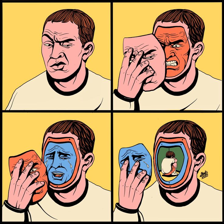 a man is holding his face in front of the mirror with different facial expressions on it