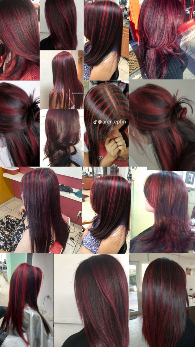 What To Do With Brown Hair, Breakup Hair Change, Red Aesthetic Hair, Red Hair On Brown Hair, Red Highlights In Black Hair, Different Ways To Dye Your Hair, Red Hair With Brown, Red Skunk Hair, Pretty Hair Color Ideas