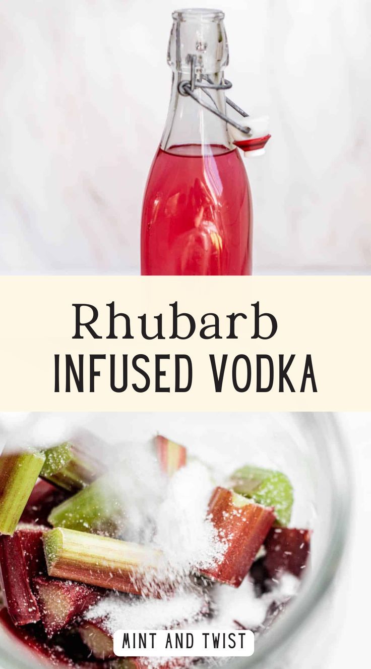 rhubarb infused vodka in a glass bottle with the words rhubarb infused