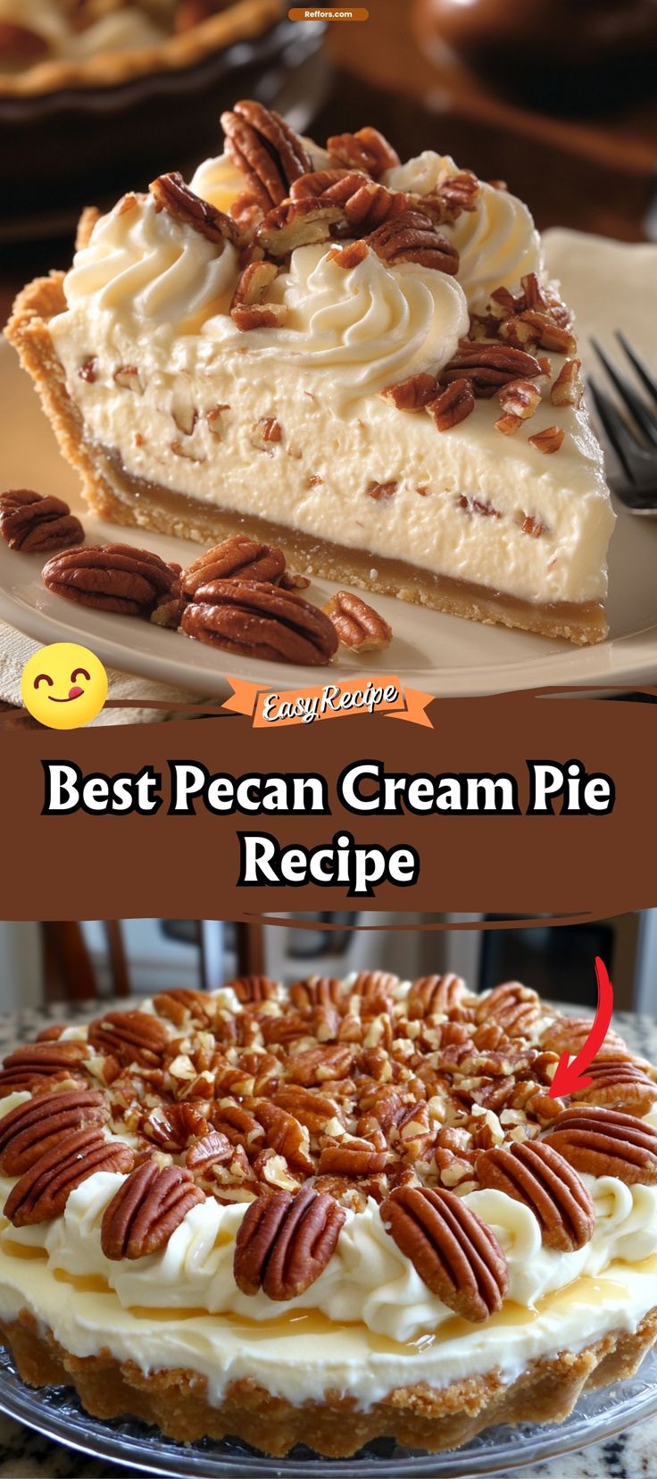 pecan cream pie recipe with text overlay that reads best pecan cream pie recipe