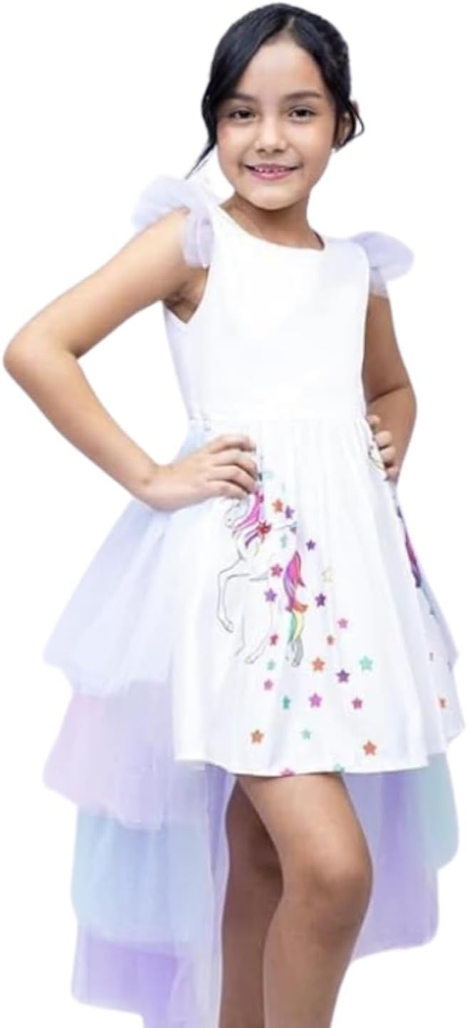 Enchanting Unicorn Design: Features a vibrant and whimsical unicorn print. Princess Ruffle Sleeves: Adds an elegant and fairy-tale touch to the dress. Detachable Long Tail: Allows for versatile styling and added fun. High-Quality Materials: Ensures durability and comfort for all-day wear. Perfect for Special Occasions: Ideal for birthday parties, dress-up play, and other celebrations. Comfortable Fit: Designed to provide a flattering and comfortable fit for your child. Available in Various Sizes