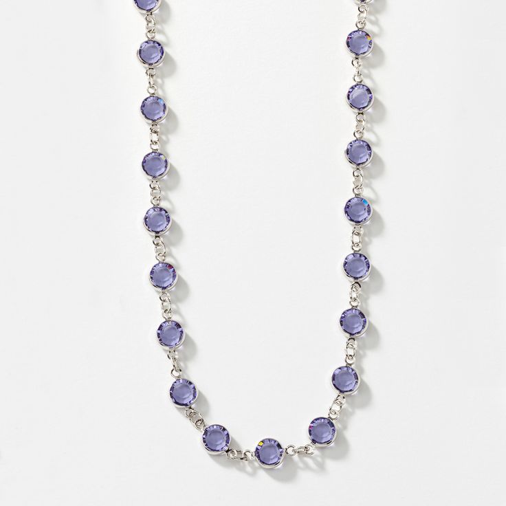 Tanzanite crystal; rhodium plating; 36" endless.  Made in the USA. Dark Purple Necklace, Touchstone Crystal Jewelry, Tanzanite Crystal, Sell Jewelry, Swarovski Crystal Jewelry, Purple Necklace, Swarovski Crystal Necklace, Swarovski Necklace, Pink Necklace