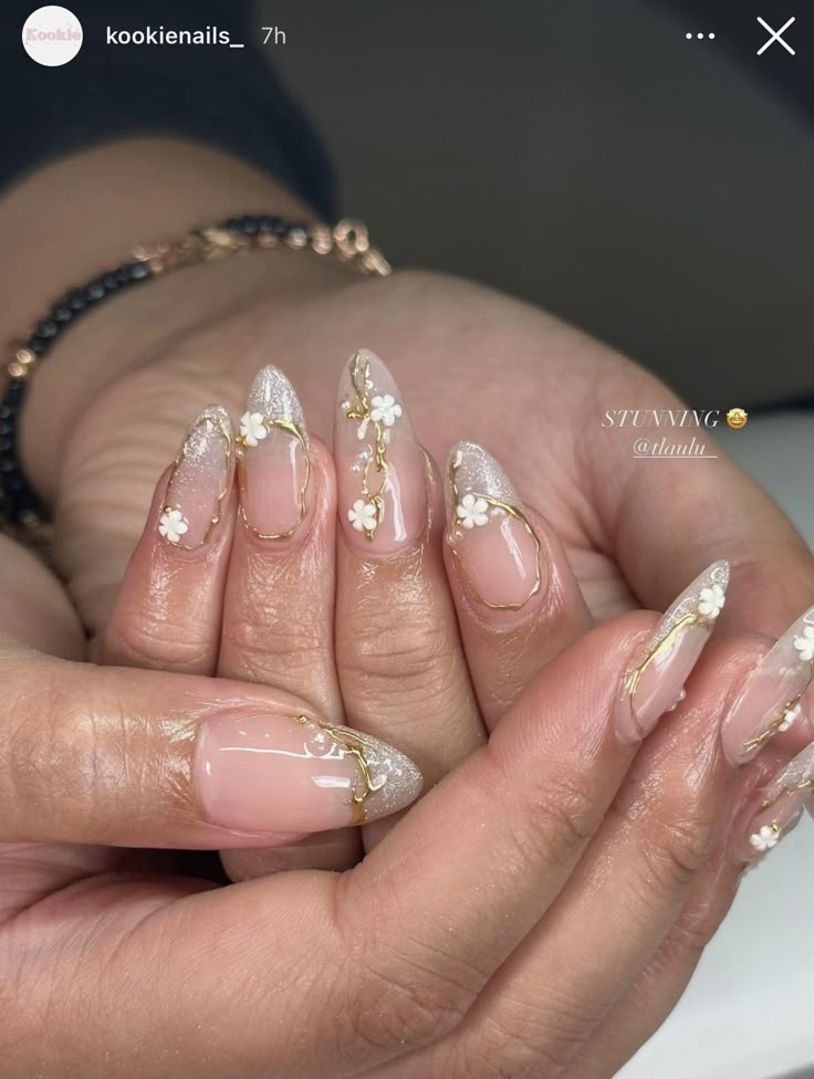 Gold And Flower Nails, Milky Pastel Nails, Ethereal Nails Acrylic, Gold Pink Nails, Gold And Green Nails, Almond Nails Gold, Mamma Mia Nails, White Nude Nails, Milky Pink Almond Nails