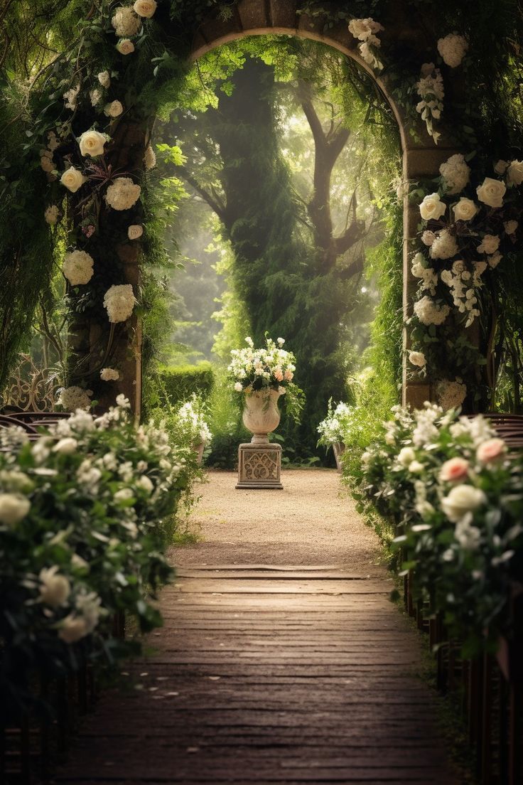 A wooden path lined with lush greenery and white flowers leads to an archway adorned with roses. Sunlight filters through trees, creating a serene and romantic garden setting with a floral centerpiece in the distance. Wedding Aisle Ideas, Aisle Ideas, White Floral Arrangements, Trend Ideas, Anniversary Frame, Walk Down The Aisle, Wedding Aisle Decorations, Wood Photo Frame, Aisle Decor