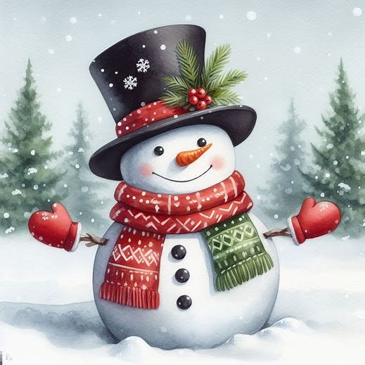 a painting of a snowman wearing a hat and scarf