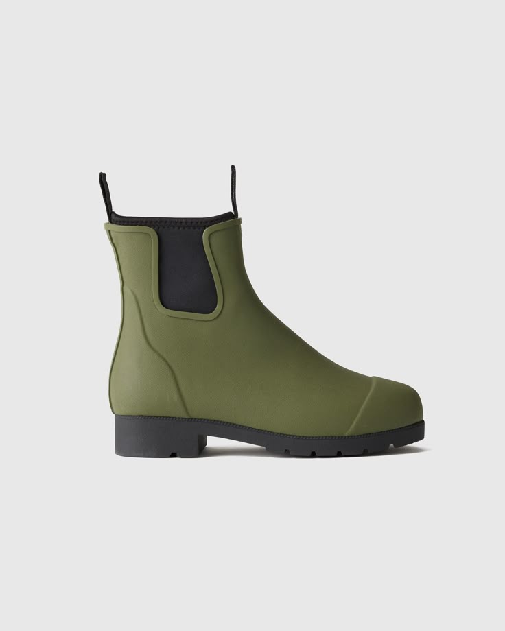 You, 1. Rainy days, 0. Introducing our more eco-friendly Waterproof Ankle Rain Boot. Made with natural rubber and recycled neoprene, these rain boots not only keep your feet dry when wet weather rolls in, but they're also sleek and modern feeling.  | Quince | Women's Waterproof Ankle Rain Boot in Olive, Size 7, Natural Rubber Best Ankle Boots, Short Rain Boots, Ankle Rain Boots, Platform Heels Boots, Heeled Mules Sandals, Fall 2024 Fashion, Mid Boots, Outfit Formulas, Kitten Heel Pumps