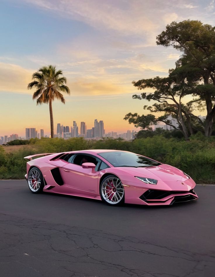 Pink Lamborghini parked in front of a city skyline at sunset Pink Lamborghini Aesthetic, Pink Cars Luxury, Luxury Pink Aesthetic, Pink Supercar, Raining Sound, Hot Pink Cars, Study Together, Pink Lamborghini, Car Lamborghini