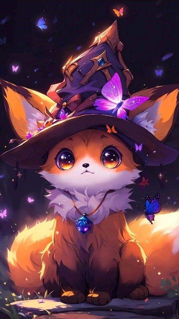 a cute little fox wearing a witches hat