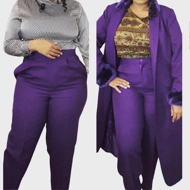 Gorgeous three-piece eggplant purple vintage set. This set includes a long mid-calf length jacket/blazer, midi-length skirt, and pants. There is no top included in the set. The jacket can be worn as a jacket dress depending on your height. Jacket buttons down with faux fur accents. The pockets on the jacket are non-functional. The skirt also does not have pockets; however. The pants do. The pants do you have some elastic for comfort in the waist. The skirt is in amazing condition and has some stretch in the waist for comfort. PLEASE NOTE: The button on the pants is loose. It has been pictured. It is still functional. Eventually, you will want to tighten it. Roman's sizing is an A6. Please refer to measurements before ordering for the best fit. Measurements approximately and unstretched (me Modest Capsule Wardrobe, Purple Trousers, Capsule Wardrobe Minimalist, Skirt And Pants, Jacksonville Nc, Casual Glam, Purple Vintage, Womens Suits, Polyester Jacket