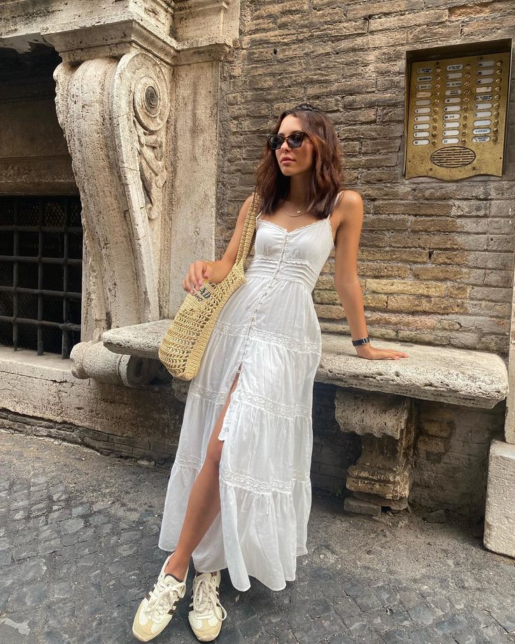 The Shoe Trend to Wear With Any Dress | Who What Wear Latest Dress Trends, Sundress Style, Samba Sneakers, Samba Dress, Single Dress, Look Boho Chic, Samba Outfit, Stretch Mini Dress, Ribbed Maxi Dress