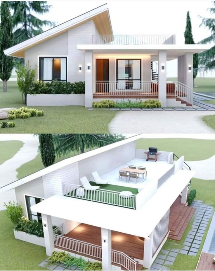 two pictures of the same house in different stages of being built, one is white and the other is green