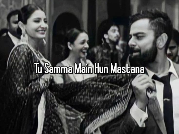 a man and woman standing next to each other with the words tu samma main hun mastana