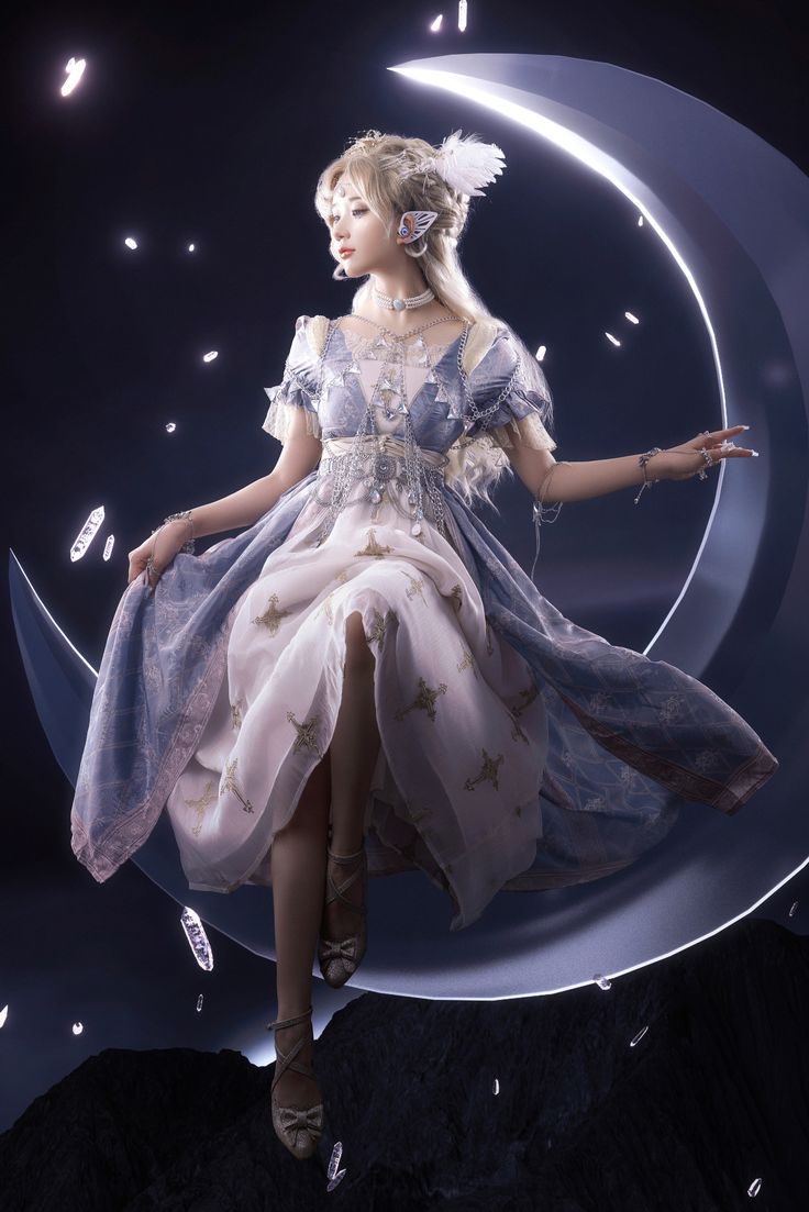 a woman in a dress is standing on the moon