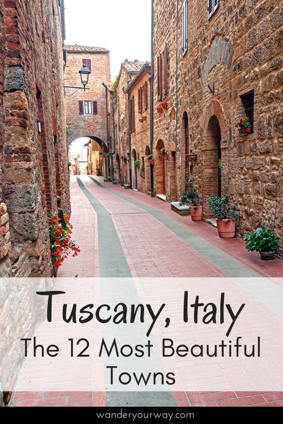 an alley way with flowers and potted plants on either side, the words tuscany, italy the 12 most beautiful towns