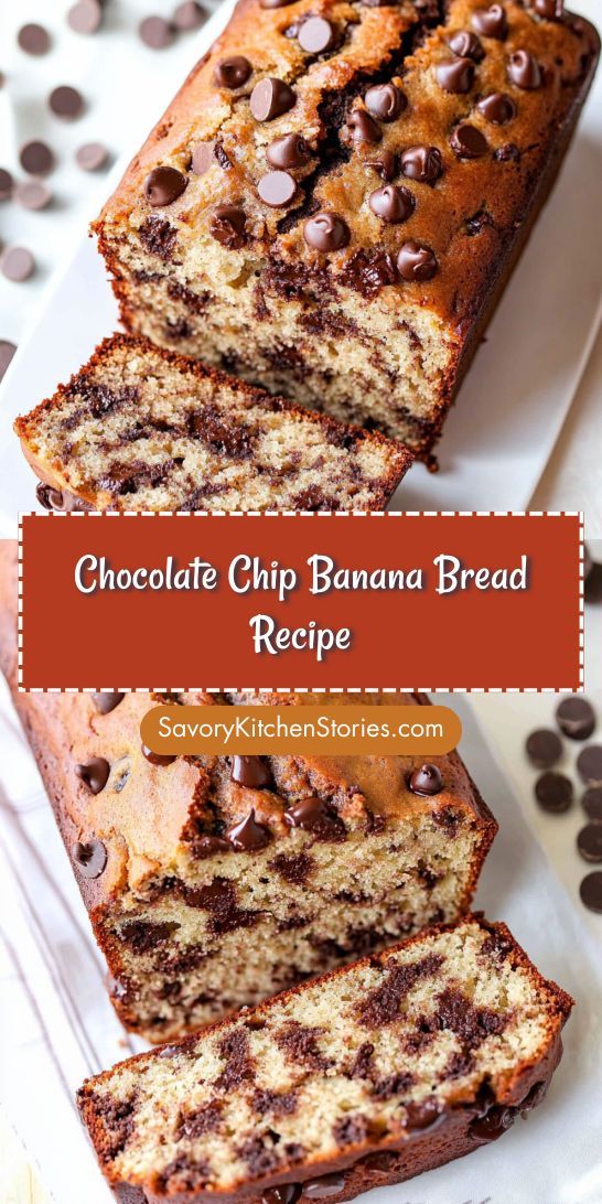 chocolate chip banana bread is cut into slices and served on a white plate with chocolate chips