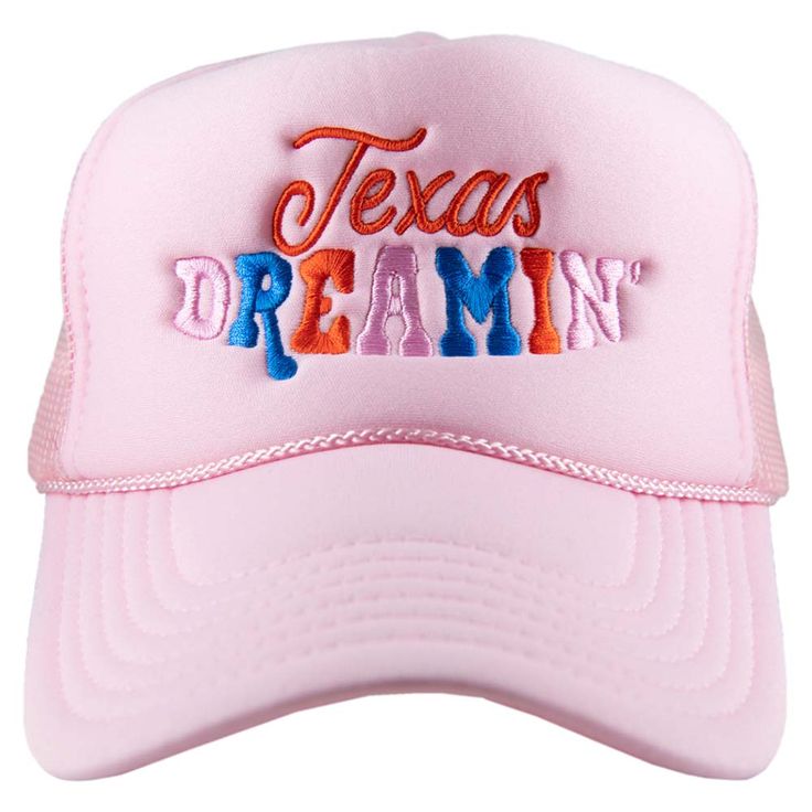 Introducing the Texas Dreamin' Foam Trucker Hat! This fun and eye-catching hat is perfect for any Texan girl. It features the phrase "Texas Dreamin'" in a fun font, and has a mesh back for breathability. Perfect for when they're out on the ranch or just cruising around town. 65% cotton, 35% polyester machine wash delicate or hand wash one size fits most adjustable back mesh netting snapback closure Katydid Wholesale offers an extensive selection of wholesale hats with over 1000 varieties to choo Pink Texas, Von Dutch Hat, Women Trucker, Nike Cap, Straw Hat Beach, Black Bucket Hat, Colorful Hat, Floppy Sun Hats, Texas Girl