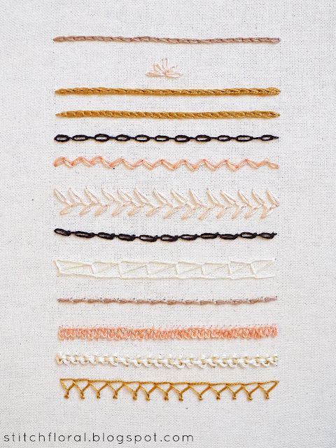 some different types of stitching on a piece of white fabric with gold and black thread