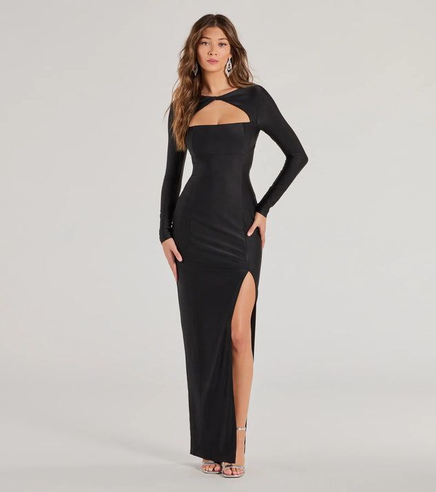 Veda Cutout Long Sleeve Formal Dress | Windsor Black Cut Out Dress Long, Black Tie Dress Long Sleeve, Gala Dress With Sleeves, Black Tie Wedding Guest Dress Winter Long Sleeve, Black Floor Length Gown, Black Long Sleeve Bridesmaid Dress, Black Long Sleeve Dress Formal, Long Black Dress With Jacket, Tight Long Black Dress