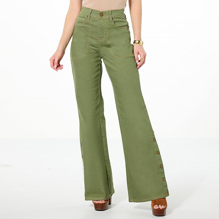 DG2 by Diane Gilman New Classic Stretch Denim Side Snap Wide-Leg Jean We are loving the retro vibe of these wide-leg, utility-style jeans from Diane Gilman with non-functional decorative side snap button detail. With an effortless pull-on design and classic good looks, you'll wear them on repeat all season long. Casual Green Flare Jeans With Pockets, Fall Utility Flare Jeans Full Length, Spring Mid-rise Utility Flare Jeans, Green Wide-leg Flare Jeans, Green Wide Leg Cotton Flare Jeans, Green Wide Leg Flare Jeans, Green Cotton Wide-leg Flare Jeans, Utility Wide Leg Jeans With Button Closure, Utility Jeans With Buttons For Fall