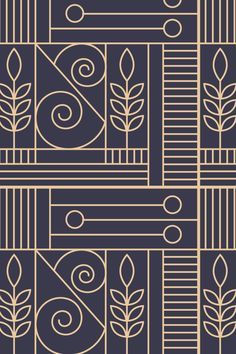 an art deco wallpaper with gold lines and leaves on it, against a dark blue background