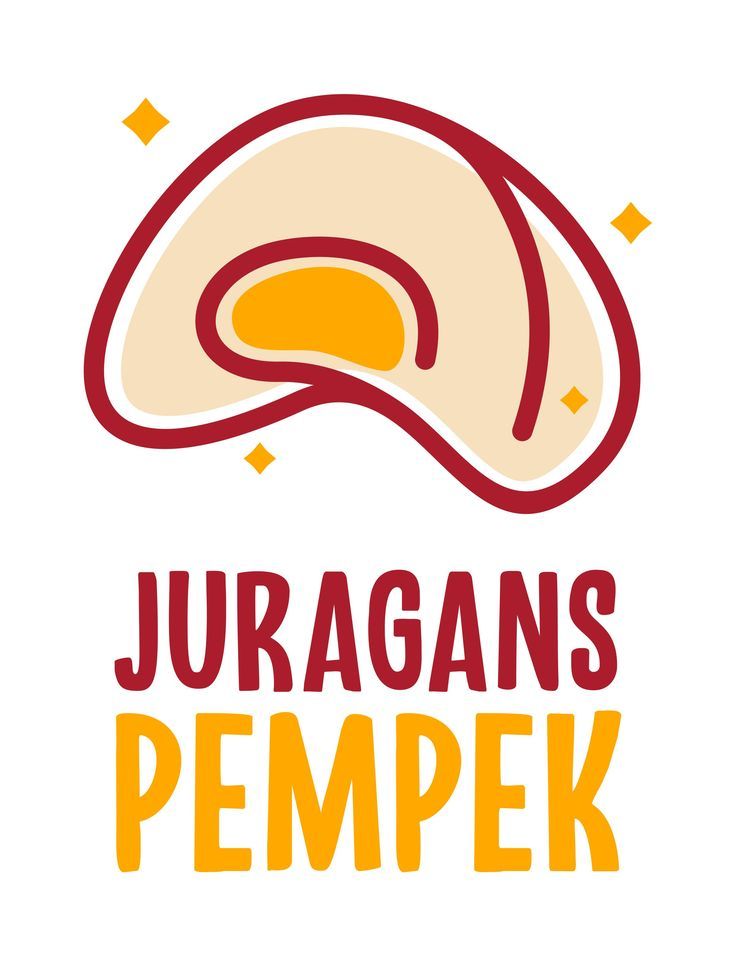 the words juragans pempek written in orange and red on a white background