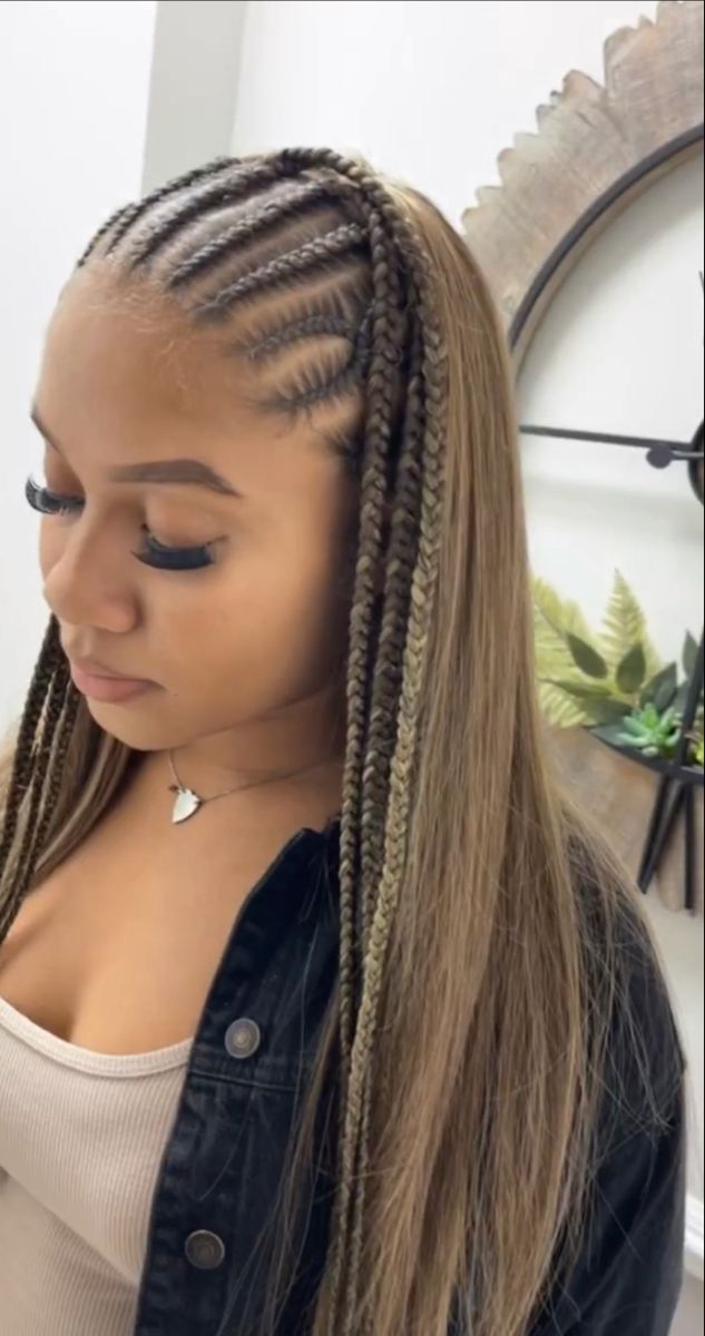 Cornrows Half Up Half Down Natural Hair, Half Cornrows Half Straight Weave, Braids And Sew In, Half Feed In Braids Half Sew In Straight, Half Stitch Braids Half Sew In, Braided Ponytail Hairstyles Feed In, Half Sew In Half Braids, Half Head Braids, Braids With Straight Hair