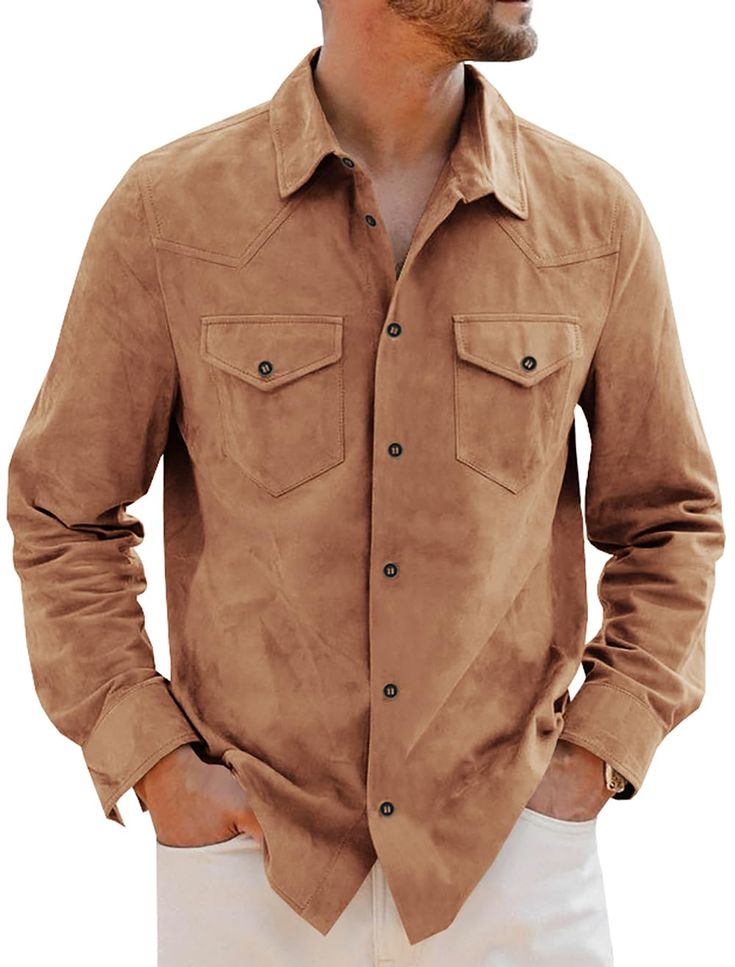 PRICES MAY VARY. Feature: Retro Suede Shirts for men, long sleeve, button up, turn down collar, two flap pockets at chest, classic fit, western style. The sleek work shirt is moderate thickness, great for spring, fall and winter Material: Select soft suede fabric, lightweight and comortable, which offers exceptional breathability and ensures you stay cozy all day long Easy Match: Our western retro shacket with a flattering look, it is fashionable and versatile. This sleek long sleeve shirt pairs Shirt With Buttoned Pockets For Fall, Solid Winter Shirt With Button Closure, Solid Shirt With Buttoned Pockets For Fall, Brown Collared Shacket With Flap Pockets, Fall Shirt With Solid Color And Buttoned Pockets, Fall Long Sleeve Shirt With Flap Pockets, Brown Collared Shacket With Buttoned Pockets, Brown Collared Shirt With Buttoned Pockets, Winter Shirt With Button Closure And Lapel Collar