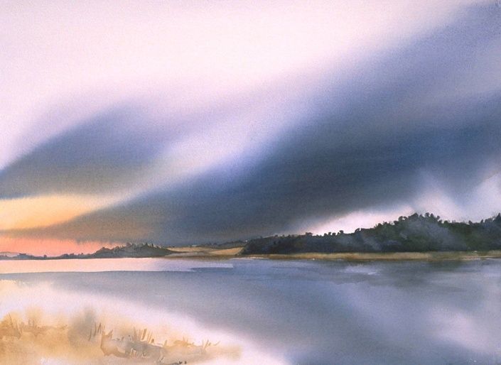 an oil painting of a lake with clouds in the sky and trees on the shore