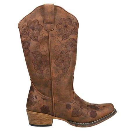 These beautiful Roper boots are perfect for going dancing in. Made with a faux leather upper and has classic, western stitching. They feature white embroidery, padded sock insole, and a western heel. Finished with a flexible TPR outsole. You will want to wear this boots all night long. Size: 9 1/2 M.  Color: Brown.  Gender: female.  Age Group: adult. Round Toe Cowboy Boots, Justin Boots Womens, Goth Boots, Punk Boots, Roper Boots, Leather Heeled Boots, Western Boots Women, Justin Boots, Cowboy Boots Women