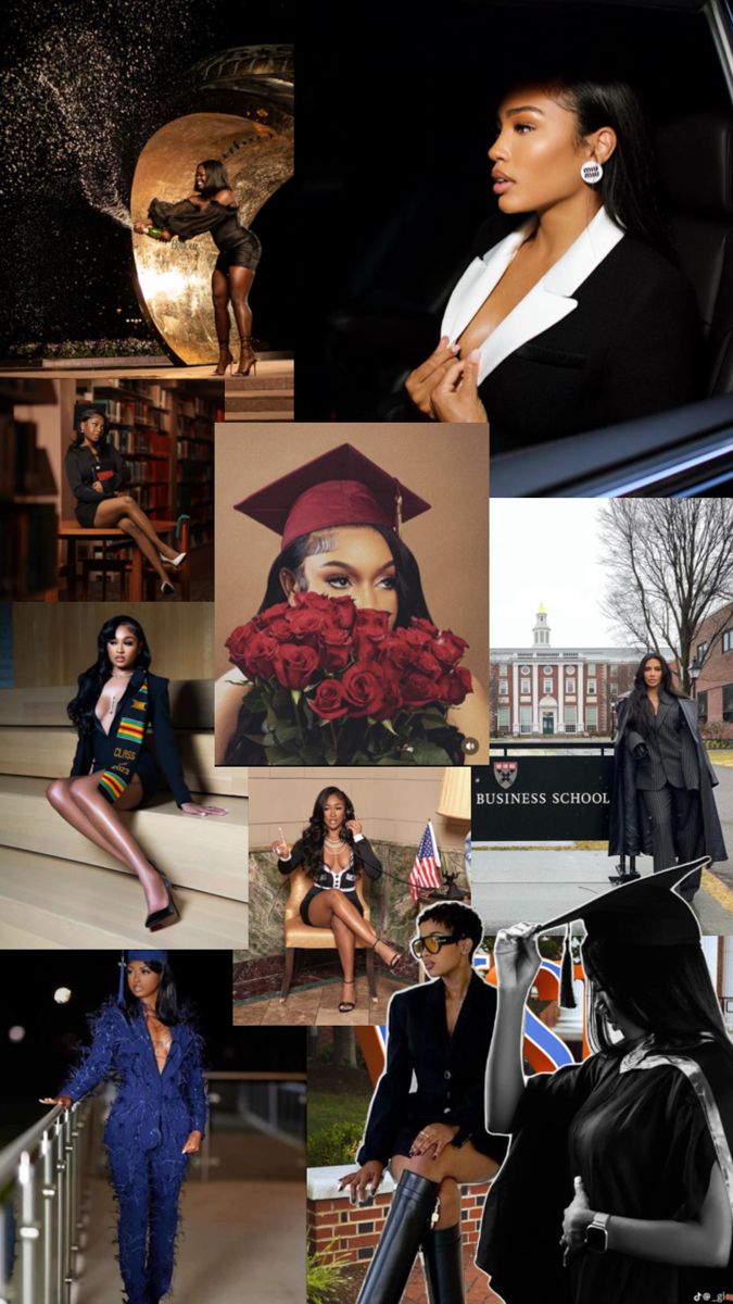 a collage of photos with women in graduation caps and gowns, one woman is wearing