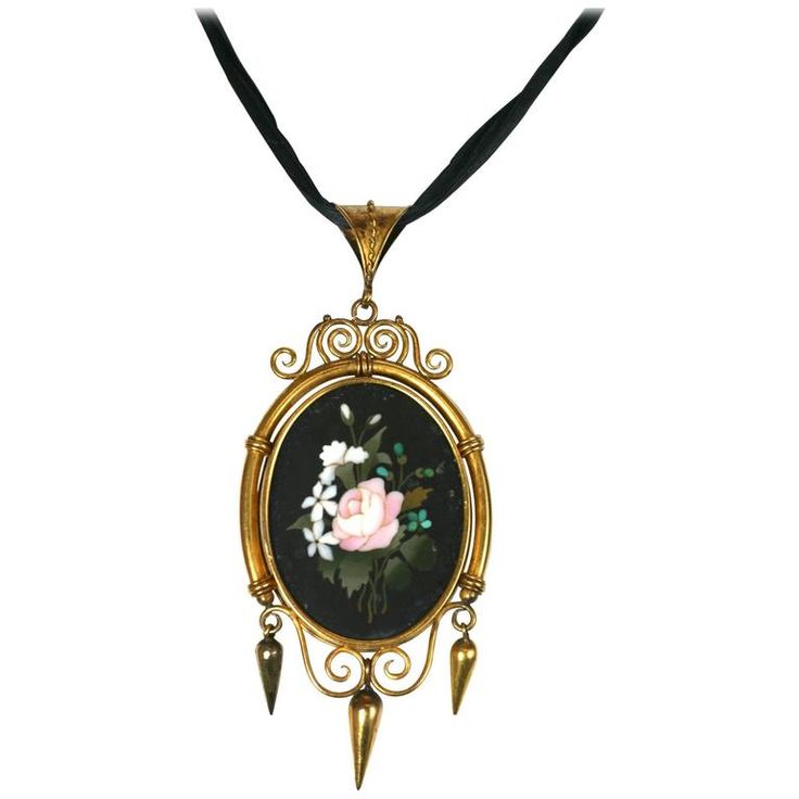 Large Victorian Pietra Dura Locket Pendant from the mid 19th Century set in 18K gold with higher karat gold bloom. Lovely scrolled frame mounting with Etruscan bale with twisted wire decoration. Removeable glass panel on back for photo. Wonderful choice of stones to produce shaded dimension within the intarsia design of the bouquet. Excellent condition. 1860's UK. 3.25" x 1.5". Dog Locket, Jewelry Locket, Flower Mosaic, Diamond Locket, Micro Mosaic Jewelry, Gothic Pendant, Mosaic Jewelry, Intricate Art, Book Locket