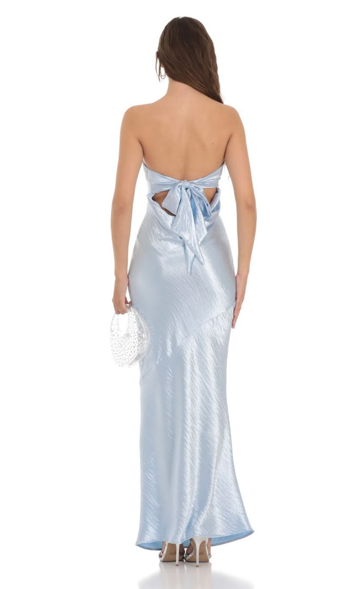 Strapless Satin Open Back Maxi Dress in Light Blue | LUCY IN THE SKY Hoco Dress Strapless, Light Blue Prom Dress Long, Brides Maid Dresses Blue, Light Blue Formal Dress, Ice Blue Bridesmaid Dress, Satin Hoco Dress, Blue Sparkly Dress, Light Blue Bridesmaid, Blue Satin Dress