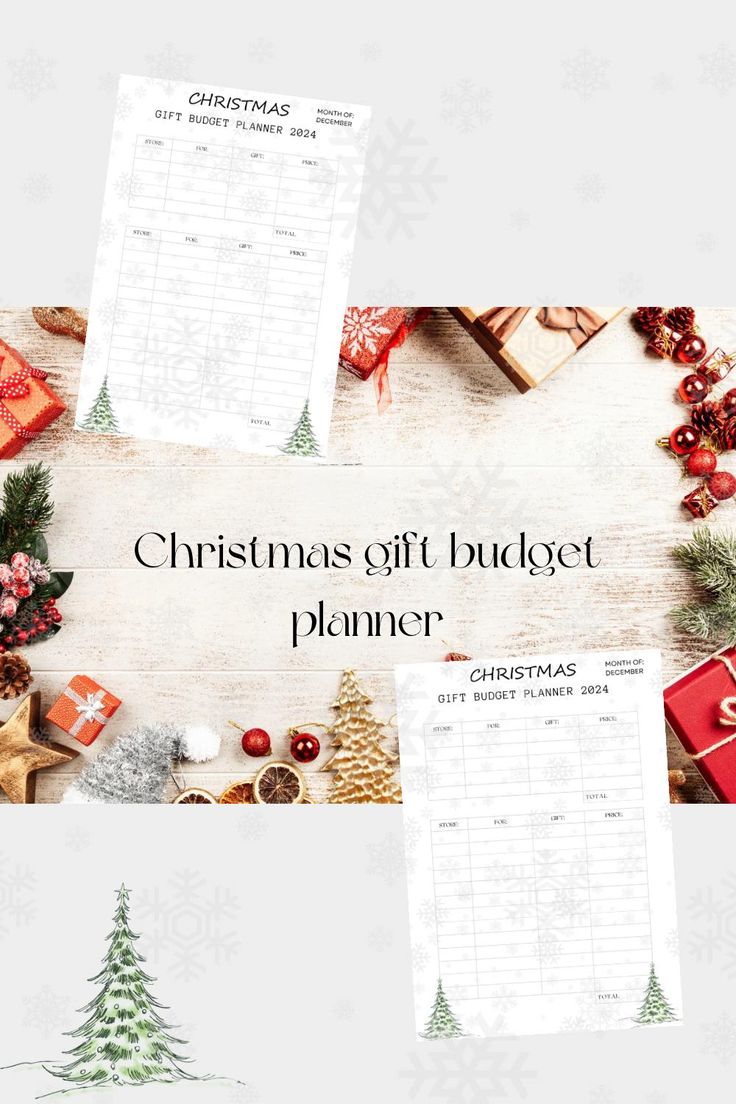 the christmas gift budget planner is displayed on top of a table with presents and gifts