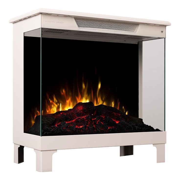 an electric fireplace with fire and flames in the front, on a white stand against a white background