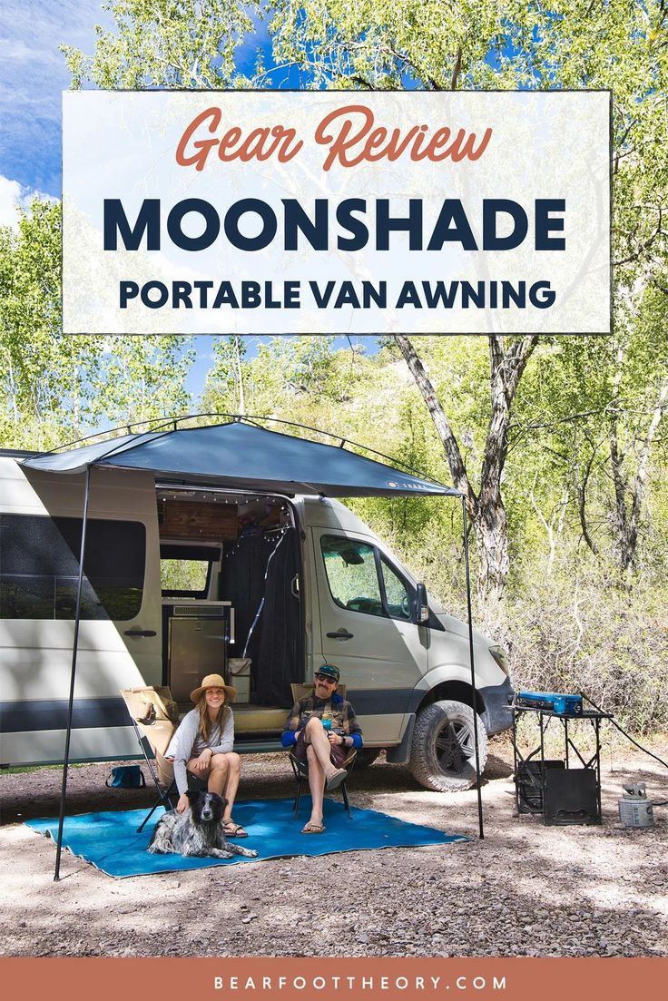 two people sitting in front of an rv with the words gear review moon shade portable van awning