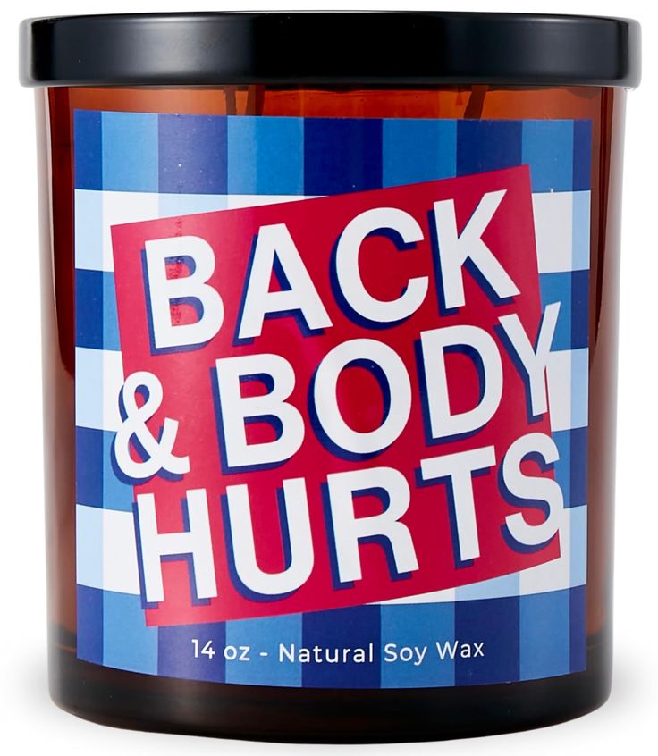 the back and body hurts candle is shown in front of a white background with blue, red