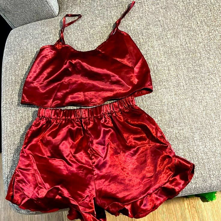 Silk Pajama Set. Short And Tank Top From Boohoo Size Us:4 Uk:8 Red Pajamas Women, Red Satin Sleepwear For Pajama Party, Red Summer Sleepwear For Night, Red Satin Sleepwear For Loungewear, Red Summer Sets For Bedtime, Red Bedtime Sets For Summer, Sleeping Clothes, Bride Pajama, Blood Red Color