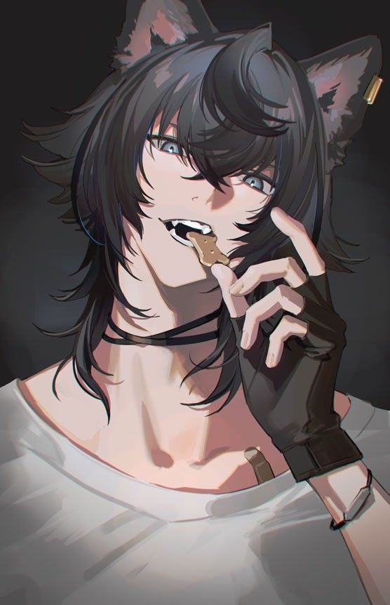 an anime character with black hair holding a phone to his ear and looking at the camera