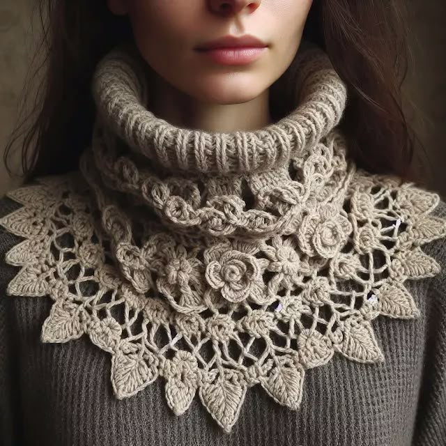 a close up of a woman wearing a knitted neck scarf with flowers on it