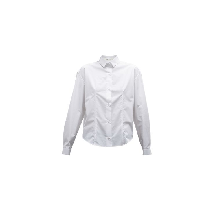 THE ROW "Baltica" button-front shirt in a classic styling Point collar Long sleeves; button cuffs  Back yoke Mid-length  Curved hem  Relaxed fit  Cotton Made in Italy Luxury Unstructured Button-up Shirt, White Button-up Blouse With Back Button Closure, White Unstructured Button-up Top, White Shirt With 3/4 Sleeves And Button Closure, Button-up Rayon Shirt With Button Closure, Button Front Shirt, The Row, Womens Clothing Tops, Tops Designs