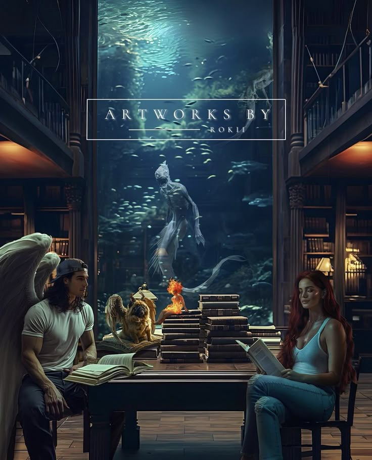 two people are sitting at a table in front of an aquarium with books on it